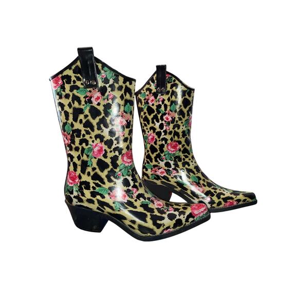 Tribal Indie Retro Boho Floral Rubber Rain Boots Shoes Animal Print Size 10 - Picture 1 of 9